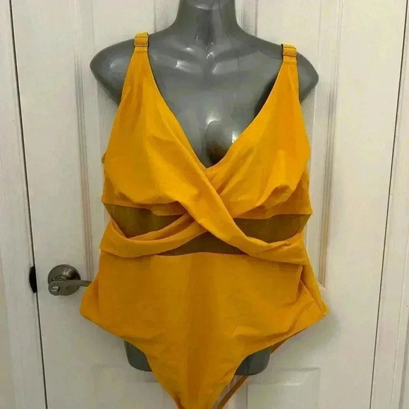 Yellow, Full Piece Bathing Suit with Mesh Cut-Outs,  Sz 4XL - Picture 1 of 5